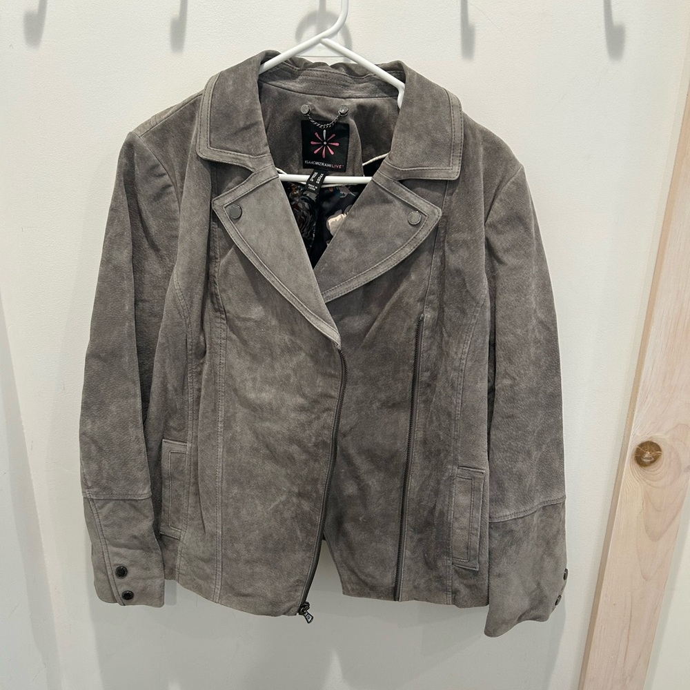 Isaac Mizrahi Live! Grey Suede Leather Motorcycle Jacket Size 14